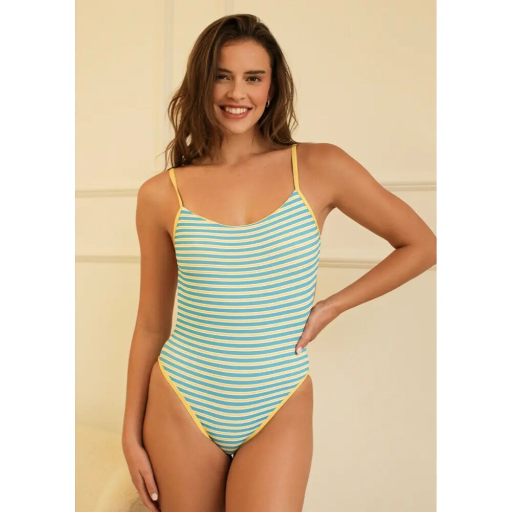 NWT Dippin' Daisy's Striped One Piece Swimsuit Small S Blue Yellow Beach Retro